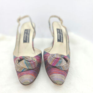 Vtg '90s Stuart Weitzman Rainbow Heels Shoes Dupioni Slingback Bow Accent 7AAAA